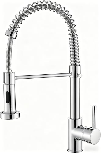 Image of Cobbe Kitchen Sink Mixer Tap, Spring Kitchen Faucet with Pull Down Sprayer, 2 Spray Modes High Arc Single Handle Lever Kitchen Tap (Chrome), KC05T021