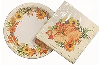 Watercolor Pumpkins Sunflower Autumn Thanksgiving Party Plate and Napkin Set