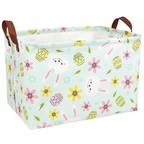 Image of Large Empty Easter Basket for Kid Fabric Personalized Bunny Eggs Easter Gift Basket for Boy and Girl (Rabbit Blue Background)