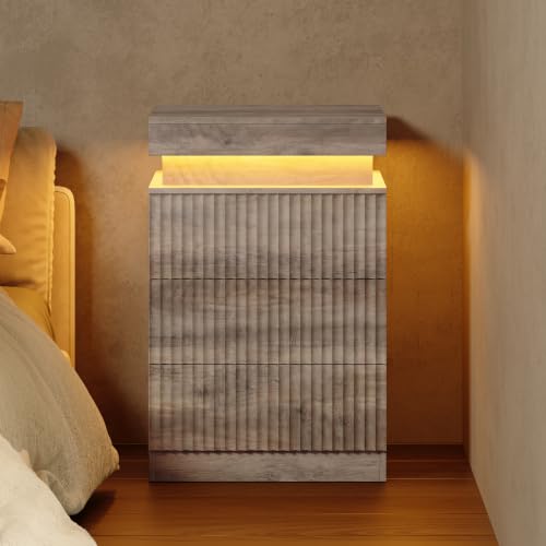 Image of Nightstand Bedside Table with Charging Station & LED Lights, Grey | RGB Lights, Hidden Sliding Top, 2 AC Outlets & 2 USB Ports, 3-Drawer Storage, Modern Fluted End Table for Bedroom