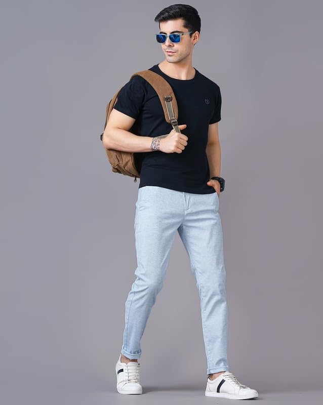 Image of British Club 100% Cotton Slim Fit Flat-Front Trousers for Men | Tailored Design for a Clean Look | Versatile for Office & Casual Wear | Lightweight Breathable Fabric | Black