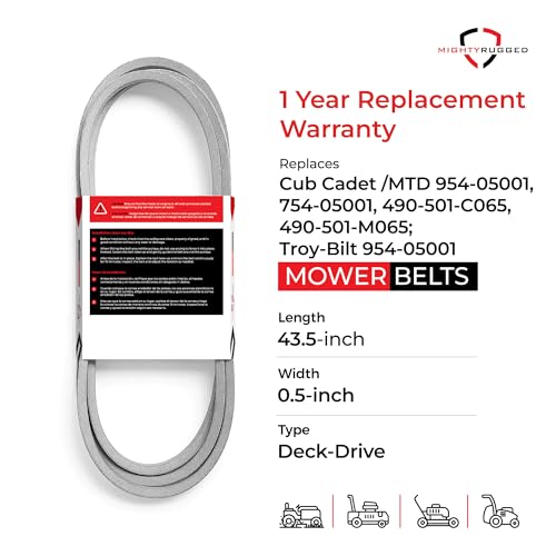 Image of 954-05001 Deck Belt Replacement, Length 43.5 inch, Heavy-Duty, Aramid Cord Replacement for Cub Cadet CC30 CR30 Series, Columbia CR30 Craftsman R110 R1000, Troy Bilt TB30 Series with 30 inch Deck Riding Mowers