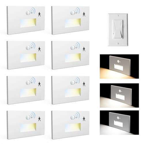 Image of 8 Pack 120V 3CCT Motion Sensor LED Step Lights Indoor Outdoor, White | Hardwired Stair Lights with Dimmer Switch, 0%-100% Dimmable, 3000K /4000K /6000K, 5W 500LM, IP65 Waterproof, Aluminum, ETL