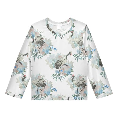Crane Hydrangea Flower White Boy's Rash Guard Swim Shirt Long Sleeve Sun Shirt for Swimming Pool Beach UPF50+ 4T