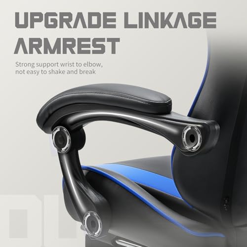 Image of DUMOS Ergonomic Gaming Office Desk Chair with Linkage Armrests for Adults, Height Adjustable Computer Chair with Footrest and Headrest, PU Leather 360 Swivel Recliner with Lumbar Support, Deep Blue