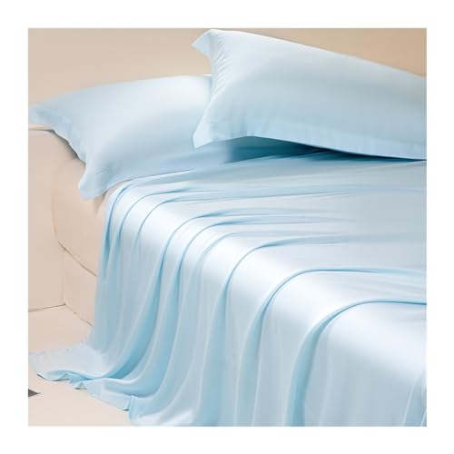 Sábana de cama 100 % satén Lyocell de eucalipto, ropa de cama sedosa y no elástica para todas las estaciones, suave y transpirable, 245 x 265 cm, color azul, una comodidad de lujo para el hogar