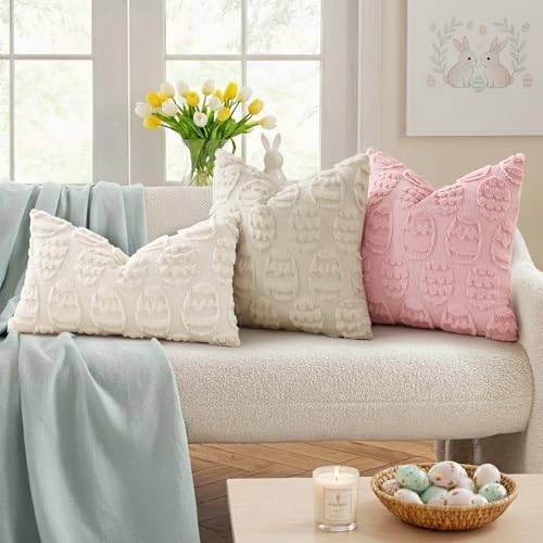 Image of decorUhome Easter Beige Egg Pillow Covers 20x20 Inch Set of 2, Soft Plush Faux Wool Jacquard Cushion Covers, Farmhouse Neutral Fuzzy Spring Easter Holiday Decor for Couch Sofa Bed