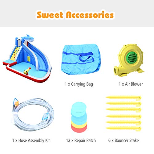 BOUNTECH Inflatable Water Slide, Shark Water Slide Park Jump Castle Bounce House w/Climbing, Water Cannon, Splash Pool, Blower, Backyard Party Outdoor Blow up Shark Water Slides Inflatables for Kids