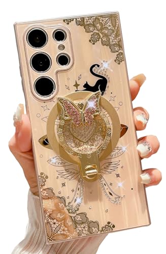 AMAZFCCY for Galaxy S2 6 Ultra Case, Megnetic Ring Holder 3D Rhinestones Bling Glitter Butterfly Cute Cat Kitten Lace Pattern [Compatible with Magsafe] Girl Women for Samsung Galaxy S2 6Ultra (Gold)