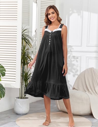 Image of Viakeo Cotton Nightgowns for Women Long House Dress Soft Sleepshirts With Pockets S-3XL