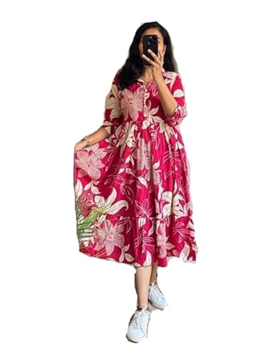 Image of ROYALICA Women's Pure Cotton Maxi Midi Dress Western Dress for Women Elegant Floral Printed Long Dresses | Soft & Breathable Fabric | Casual Trending Dress for Women