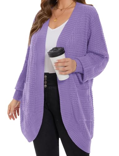 Image of MONNURO Womens Plus Size Open Front Cardigan Waffle Knit Long Sleeve Sweaters Tops Fall Coat Outerwear with Pockets
