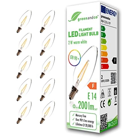 GreenAndCo 10x CRI90+ Glühfaden LED Lampe ersetzt 20 Watt E14 Kerze Cover