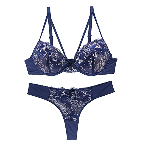 Sujetador De Ropa Interior De Mujer Usado para Empujar hacia Arriba El Vestido De Noche con Sujetador De Flores De Encaje,Azul,85A