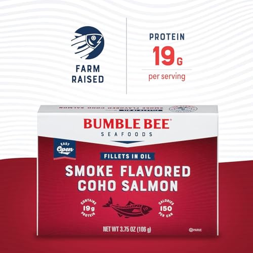 Image of Bumble Bee Smoked Red Coho Salmon Fillets in Oil, 3.75 oz (Pack of 2) | 19g Protein per Can, Omega-3 Rich, Gluten Free, Keto Friendly, Skinless & Boneless, Ready to Eat