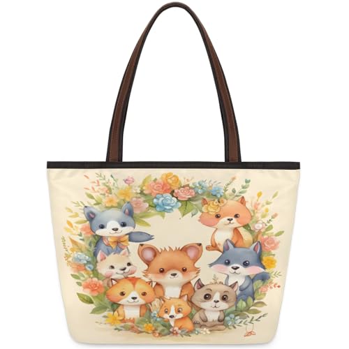 Cute Watercolor Flower Foxes Tote Bag Multi Pocket Zippered Beach Bag Lightweight Waterproof Handbag for Women Men Work Gym Travel Swimming Yoga Grocery Shopping M