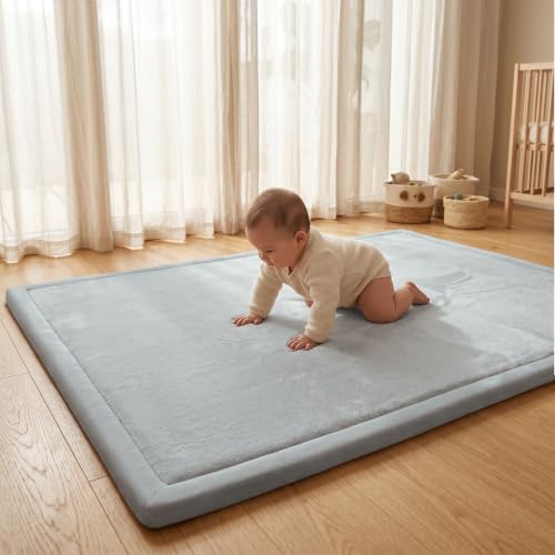 Image of ACOMOPACK Baby Play Mat for Floor,1.3 inch Thick Elasti-Foam 59 inchx71 inch Non-Slip Water Repellent,Non-Toxic Playpen Mat for Infants Toddlers Kids, Ultra Soft Coral Velvet for Tummy Time Crawling(Light Grey)