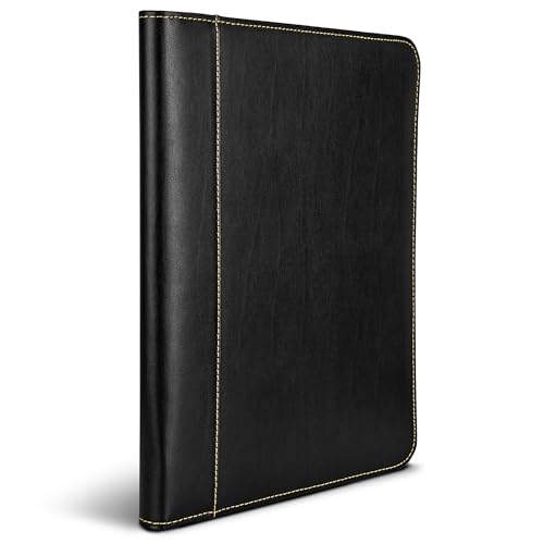 Image of Samsill Contrast Stitch Leather Zippered Portfolio Folder /Business Portfolio for Men and Women, Resume /Document Organizer with Writing Pad, Black (71720)