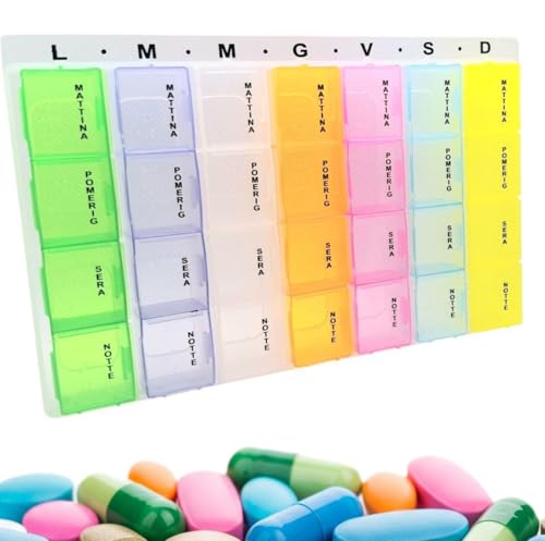Portapillole Settimanale, Portapastiglie Settimanale, Organizzatore medicinali, Organizzatore Pillole,28 Scomparti, Viaggio, Uso Casalingo ; in Italiano, 7 Giorni