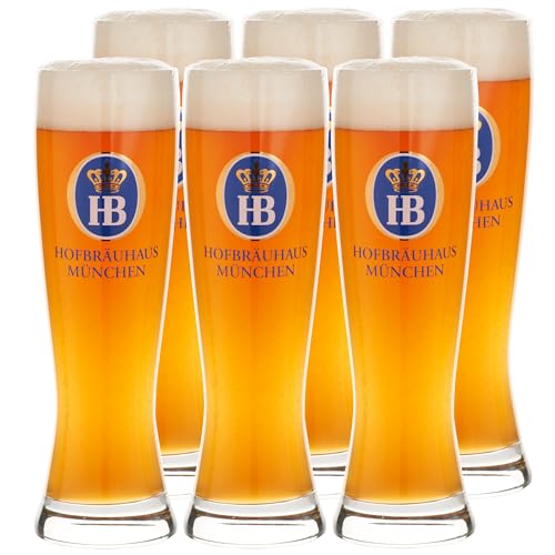 Hofbräuhaus München Juego de 6 vasos de cerveza de trigo originales de 0,3 l con logotipo HB, 0,3 l, regalo de cerveza para hombres y grandes ideas de regalo (6 unidades, 0,3 litros)
