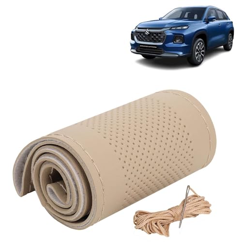 Image of KINGSWAY PU Leatherite Car Steering Cover Sewable Compatible with Maruti Suzuki Grand Vitara (Year 2022 Onwards), Beige Color with Beige Thread, Pack of 1 with Sewing Needle and Thread