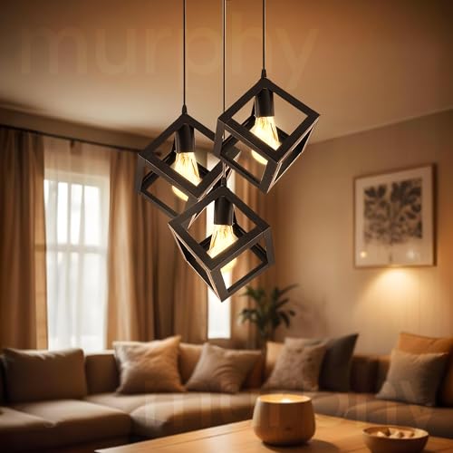 Image of Murphy Metal Cube Shape Pendant Light with Bulb -Set of 3, Pack of 2|Hanging Ceiling Light with Braided Cord|Decorative Chandelier for Home, Living Room, Indoor, Outdoor&Bar|Jhumar Lighting (Black)