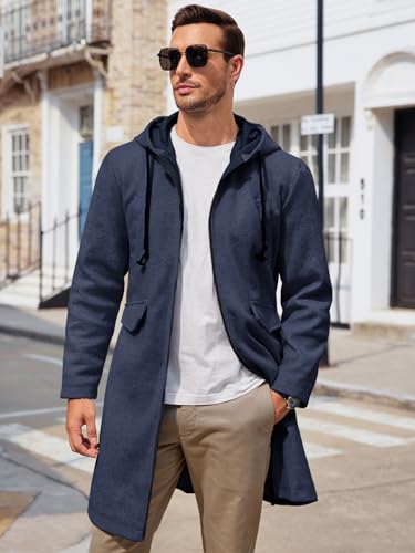 Image of ZIWOCH Mens Trench Coat Wool Blend Hoodie Long Jacket Full Zip Winter Classic Business Overcoat