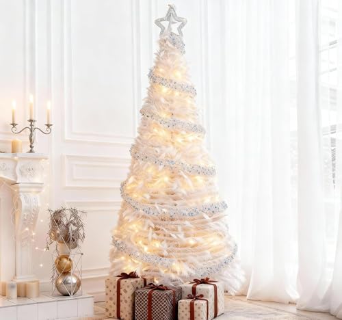 7FT Pop Up Christmas Tree White with Plug-in LED Lights, Fully Decorated Pencil Xmas Tree, Fully...