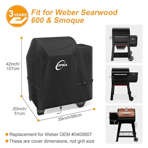 Image of Kipiea 600D Heavy Duty Pellet Grill Cover for Weber Searwood 600 & Smoque, Waterproof Wood Pellet Smoker Cover with Windproof Buckles, UV Resistant, No Tear, No Fading