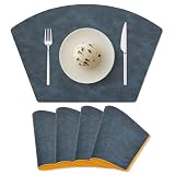 Placemats for Round Table Set of 4, Faux Leather Wedge Shaped Place Mats for Dining Table, Heat Resistant Washable Wipeable Table Mats Reversible, Blue/Yellow