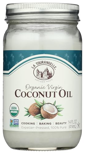 La Tourangelle, Organic Virgin Unrefined Coconut Oil, Great for Cooking, Baking, Hair, and Skin Care, Bold, Aromatic, and Flavorful, Source of MCTs, 14 fl oz (Packaging May Vary)