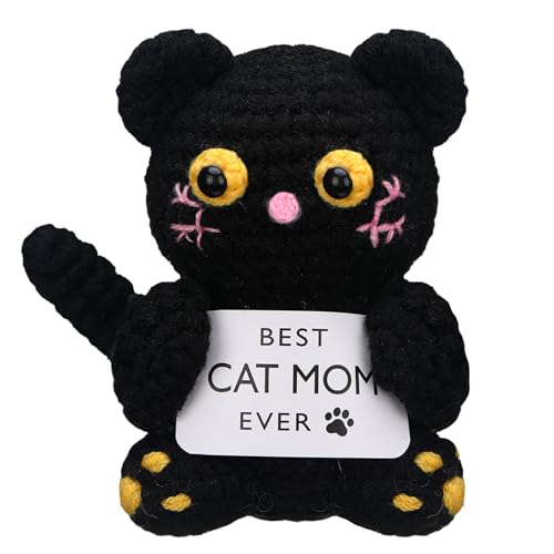Yookeer Crochet Cat Lover Gifts for Women, Cat Mom Gifts Crochet Doll with Card Handmade Knitted Animals Gift Idea for Birthdays Mother's Day(Black)