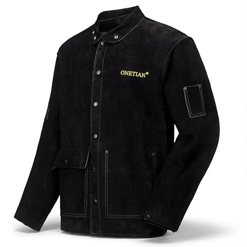 Image of ONETIAN Leather Welding Jacket Black;Heavy Duty Safety Jacket;Heat and Flame Resistant (L)