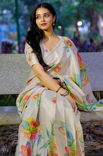 Image of Yashika Women's Chanderi Floral Digital Print Chandheri Saree with Unstitched Blouse Material