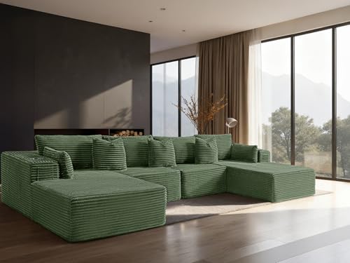 Image of 138 inch Cloud Sectional Couch, Comfort U Shaped Sofa for Living Room, Extra Deep Seats No Assembly, Minimalist Modular Couch, Corduroy (Olive Green, 6 Seats,U-Shape C)