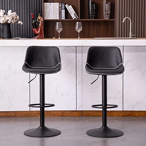 Kidol & Shellder Bar Stools Set Of 2 Black Adjustable Swivel Vintage Barstools Pu Leather Counter Stools Weave Pattern Bar Chairs,3 Mins Quick Assembly,Loads Up To 300Lbs #TOP2