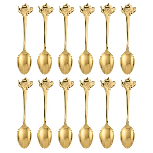 Fino Demi Spoon, Gold-Plated Stainless Steel, Teapot Design, For Everyday Coffee, Desserts, Entertaining, and Holiday Dining, Set Of 12
