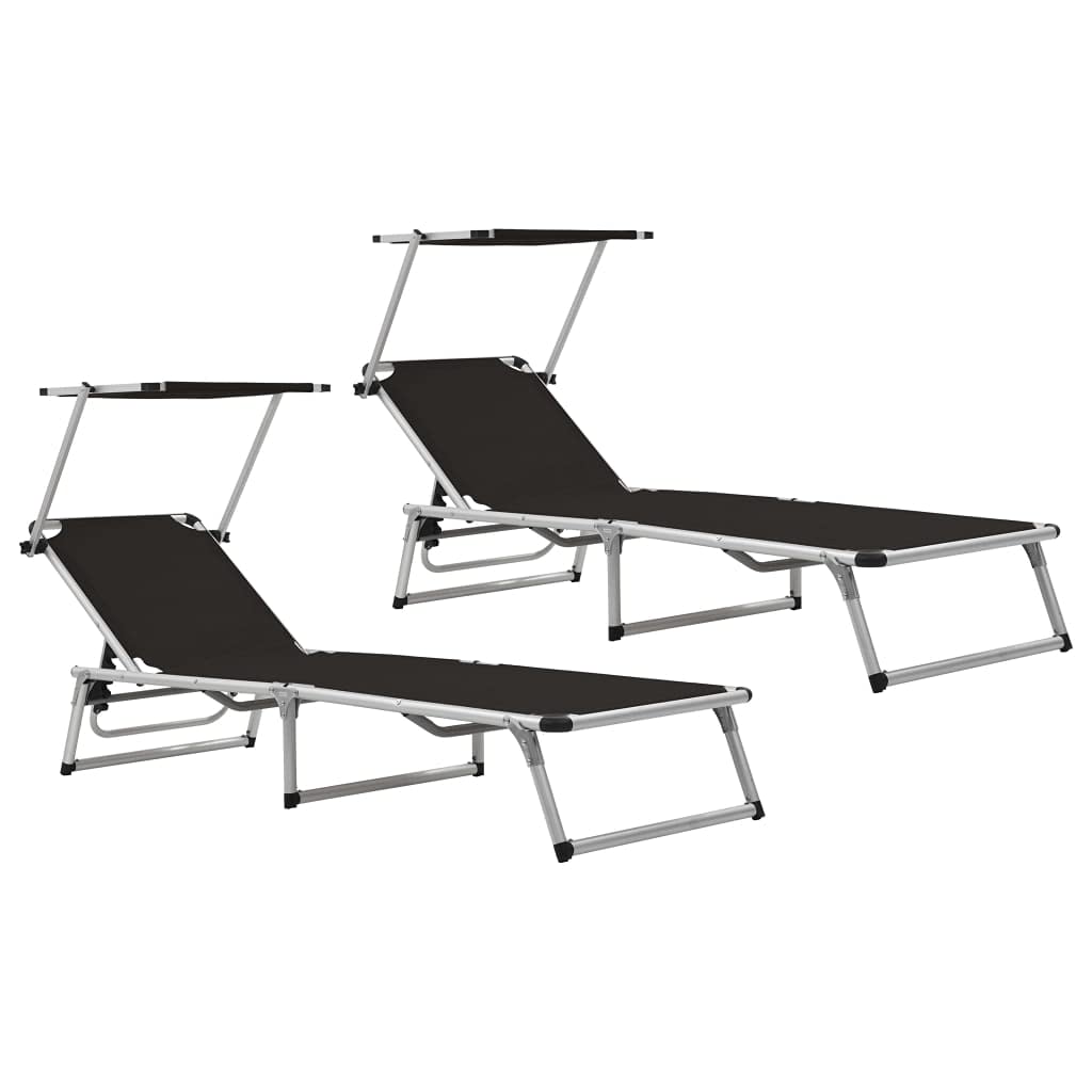 vidaXL 2X Sonnenliege Klappbar mit Dach Gartenliege Strandliege Gartenmöbel Liege Relaxliege Freizeitliege Campingliege Aluminium Textilene Schwarz