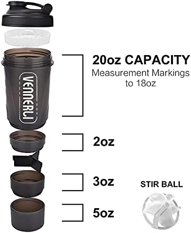 VENNERLI Protein Shaker Bottle with Storage Mixing Ball 100% BPA Free Leak Proof Smoothies Nutrition Shaker Cups Strong Durable Sports Gym Diet Fitness (Black)