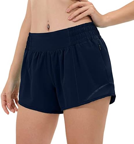 Aurefin High Waisted Athletic Shorts for Women, Womens Plus Size Running Workout Shorts with Liner and Zip Pocket 4 inch Blue/XS