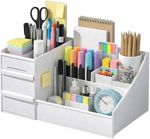 Image of ROKTRY Multi-Functional Desk Organizer with Drawers|Large Capacity All-in-One Stationary Storage Box for Office, School & Home|Aesthetic Pen Stand, Notebook Holder&Accessories for Study Table (White)