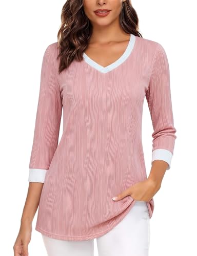 Plus Size Clothing for Women Ladies Tops and Blouses 3/4 Length Sleeve Office Blouse Casual Business Holiday Tshirts Shirts Tee Womens Dressy Top UK Going Out Tee Pink