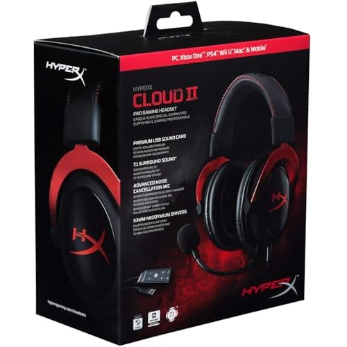 HyperX Cloud II - Gaming Headset, 7.1 Surround Sound, Memory Foam Ear Pads, Durable Aluminum Frame, Detachable Microphone, Works with PC, PS5, PS4, Xbox Series X|S, Xbox One – Red