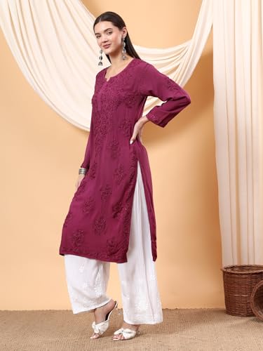 Image of POSHAK CHIKAN STUDIO Women's Hand Embroidered Lucknowi Chikankari Modal Straight Long Kurta, heer