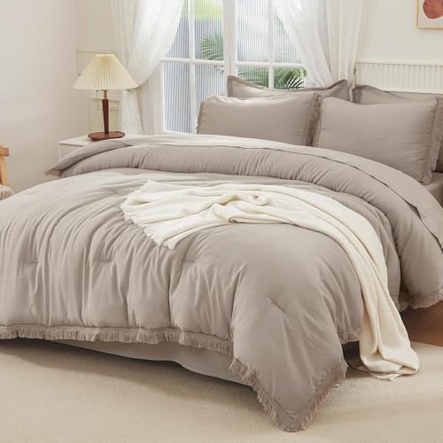 Image of Andency Oversized King Comforter Set Wheat 120x98-7 Pieces Boho Tassel Bed in a Bag Soft Lightweight Bedding Sets, Fringe All Season Bed Set with Comforter, Sheets, Pillowcases & Shams