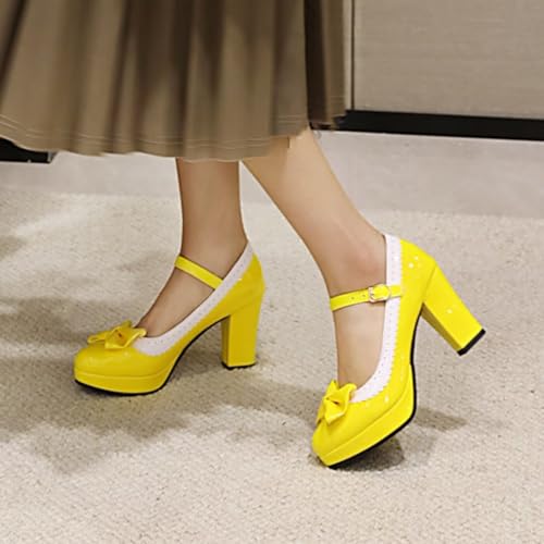 Image of Mary Jane Shoes for Women Bow Lolita Shoes Kawaii Platform High Heels Dress Pumps Yellow
