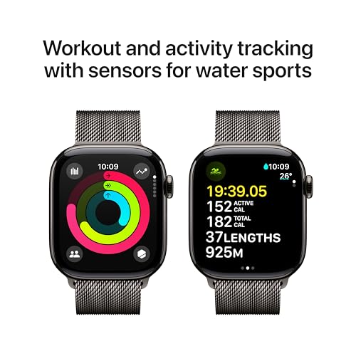 Image of Apple Watch Series 10 [GPS + Cellular 42 mm] Smartwatch with Slate Titanium Case with Slate Milanese Loop. Fitness Tracker, ECG App, Always-On Retina Display, Carbon Neutral