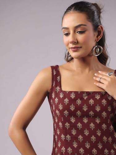 Image of Rimeline Women's Printed Cotton Sleeveless Square Neck Kurti Top | Straight Fit Ethnic Casual Tunic