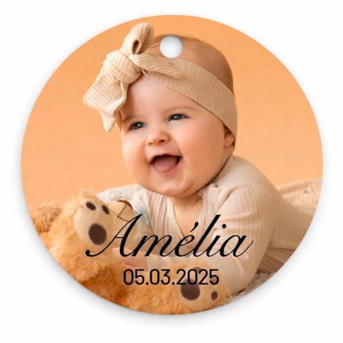 Lot d'étiquettes personnalisées rondes, photo, baby shower, naissance, baptême, prénom date, mat ou brillant, étiquettes perforées à attacher, cadeaux...