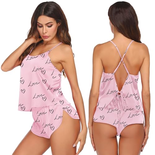Image of Ekouaer Silk Pajamas Set for Women Satin Backless Lingerie Pjs Cami Top and Shorts Nightwear